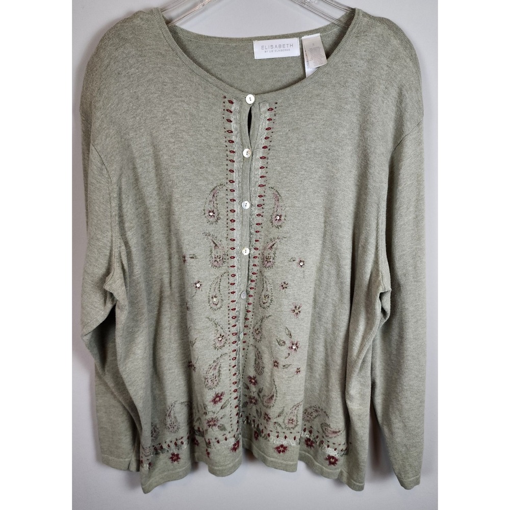 Elisabeth By Liz Claiborne Women Cardigan Green Paisley Floral Sz‎ 3